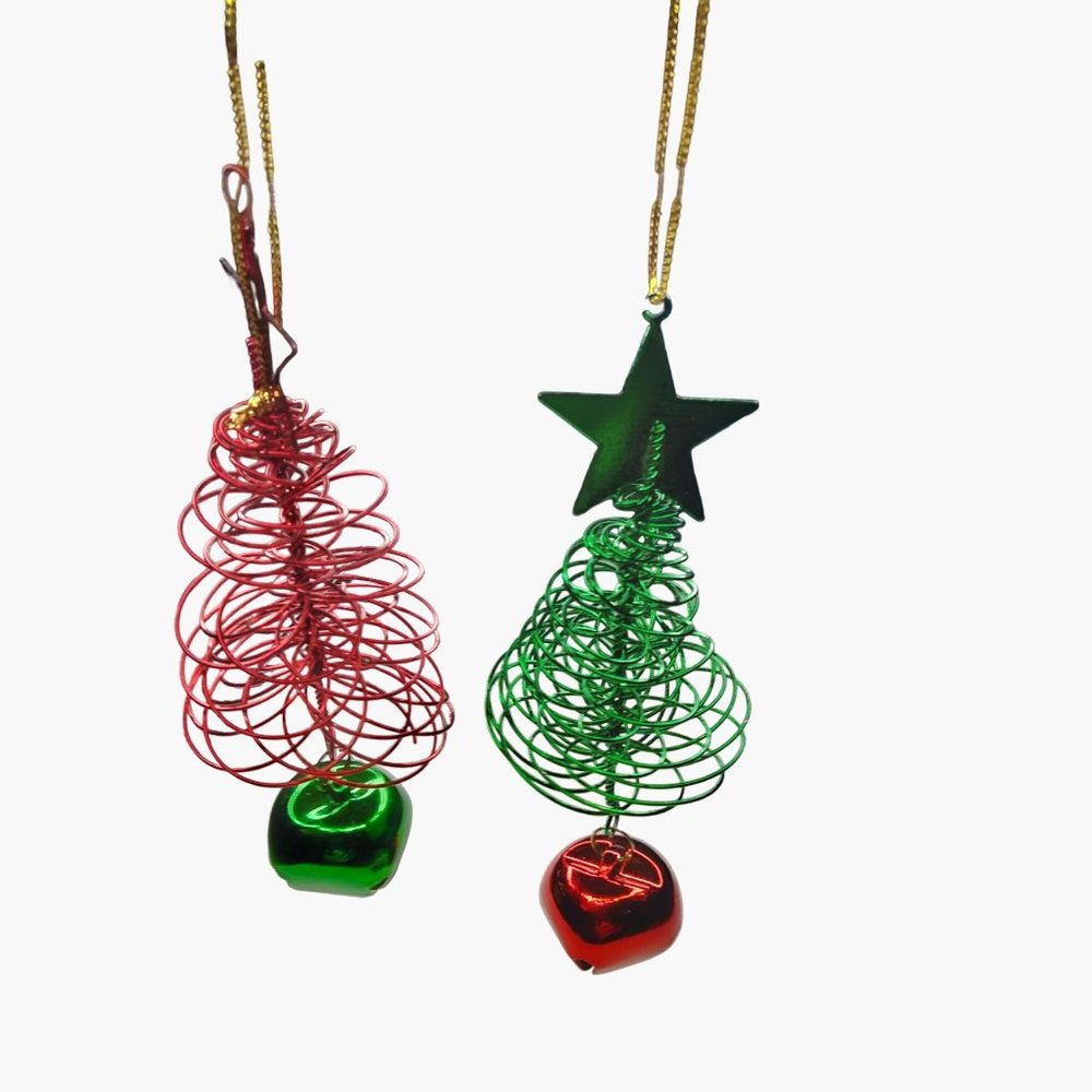 Red  Green Christmas Tree Ornament Jingle Bell Star Metal Spiral Wire Lot 2